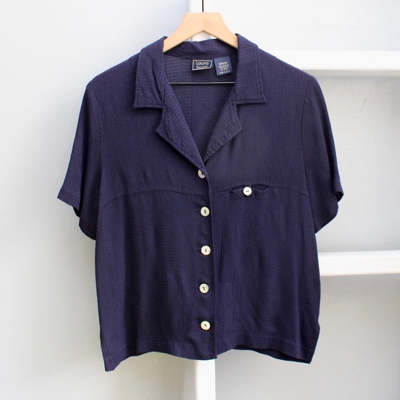 Vintage Tops - Vintage Laura Scott Navy Blue Button-Up Short Sleeve Top